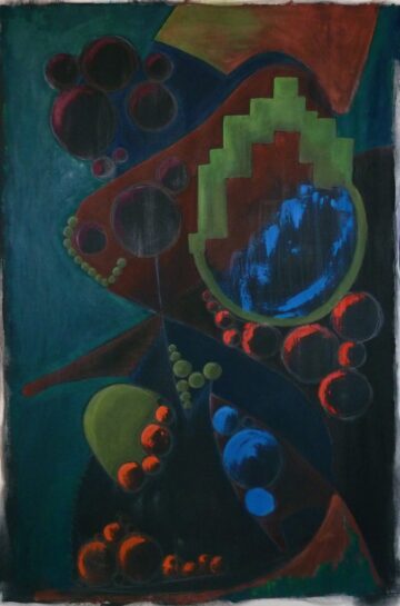 Fondo verde azulado oscuro con esferas rojo oscuro arriba a la izquierda, arco escalonado con borde verde y centro azul al centro, esferas naranjas y azules dispersas abajo.