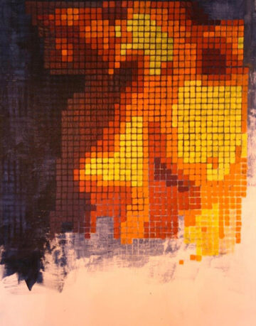Composición pixelada en cuadrados naranja, amarillo y rojo formando una silueta de llama sobre fondo azul oscuro, con un borde blanco irregular abajo.