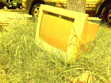 Fotografía intervenida en duotono amarillo: un televisor viejo abandonado entre pastos altos, con un auto y una camioneta desenfocados al fondo.