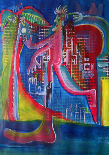 Figura rosada con cabello verde erizado y un arco rojo, sobre una textura cuadriculada azul; rostros fantasmales y siluetas de edificios abajo a la derecha.
