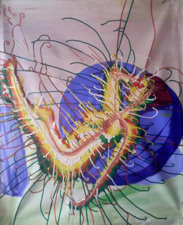 Forma orgánica amarilla y roja con goteos, como venas, sobre un círculo azul y líneas verdes que se irradian, fondo claro.
