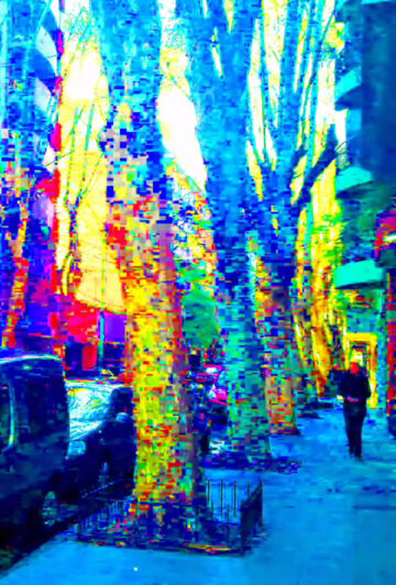 Fotografía con efecto glitch en colores saturados (rojo, amarillo, verde, azul): troncos de árboles en una vereda, autos y un peatón caminando a la derecha.