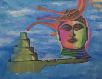 Rostro dividido en rosa y verde con los ojos cerrados, a la izquierda una torre escalonada verde, y raíces anaranjadas que salen de la cabeza hacia la derecha; fondo celeste.