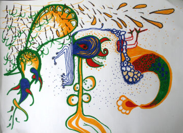 Dibujo con marcador: arco iris a la izquierda, colina verde con un racimo de círculos naranjas arriba, fachadas de edificios abajo, un rostro con ojos y boca roja a la derecha, líneas onduladas azules de agua abajo.