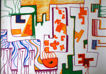 Dibujo con marcador: forma en espiral naranja con zarcillos verdes arriba a la izquierda, un ojo azul con puntos radiantes al centro, una boca roja con dientes, y una cola verde con manchas rojas y azules a la derecha.