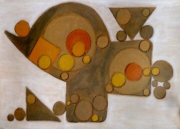 Formas geométricas en tonos ocre y gris: círculo concéntrico naranja y amarillo a la izquierda, triángulo arriba a la derecha, círculos menores repartidos.