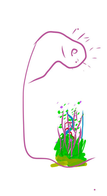 Dibujo digital: arco iris arriba a la izquierda, colina verde con racimo de círculos naranjas, edificios abajo, un rostro con rayas y ojos a la derecha junto a formas geométricas rosa y verde, agua celeste con ojos abajo.